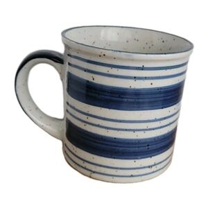Vintage 80s Blue Striped Mug Brown Speckle Hand painted Studio Ceramic Stoneware